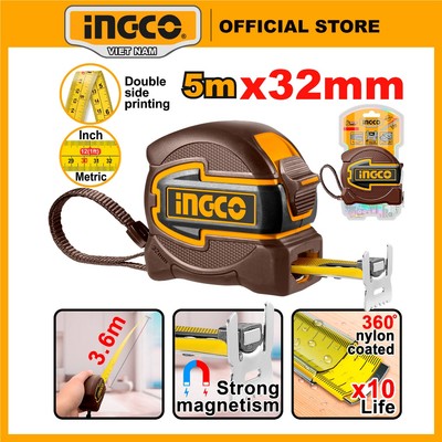 Thước kéo bản rộng 32mm, dài 5m, đo hệ mét và inch, đầu thước có nam châm INGCO HSMT80532 cao cấp