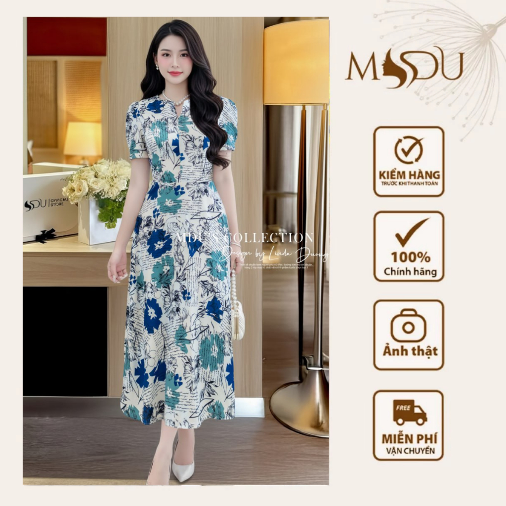 Váy Thiết Kế MDU5010 Lụa Mango In Họa Tiết Chữ Cổ Cách Điệu Tay Bồng Thanh Lịch Từ MDU