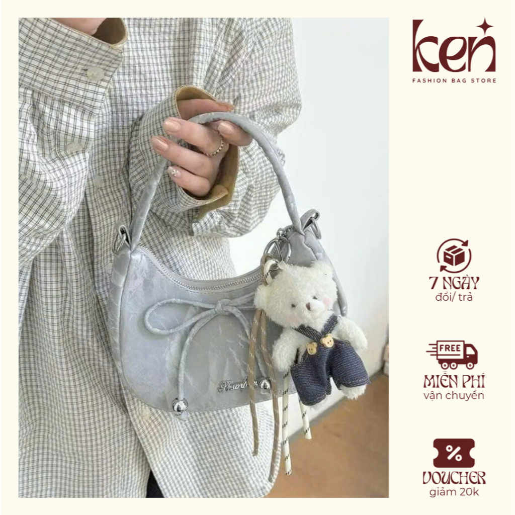 Túi xách nữ đính nơ xinh da nhung dáng bầu nhỏ gọn kèm charm gấu bông A28- Ken túi xinh