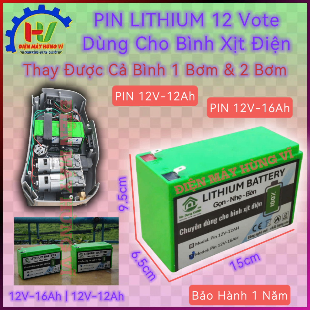 PIN Lithium 12 Vote 12V-12Ah & 12V-16Ah Dùng Thay Thế Cho Bình Xịt.(Gọn - Nhẹ - Bền). Bảo Hành 1 Năm