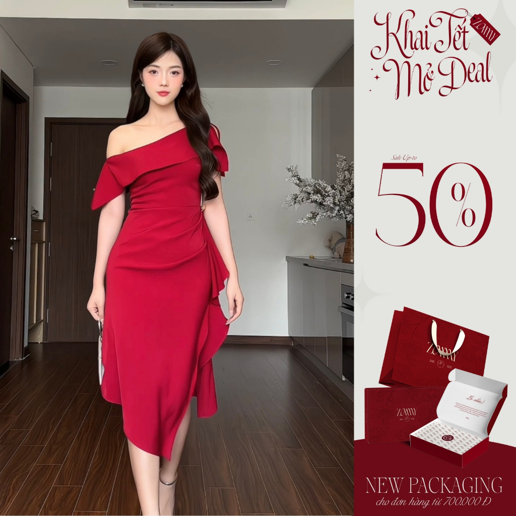 ZAMY SHOP - Váy TK lệch vai vạt bèo xẻ đầm đi tiệc đẹp cho nữ, đầm dáng dài, váy đi ăn đám cưới