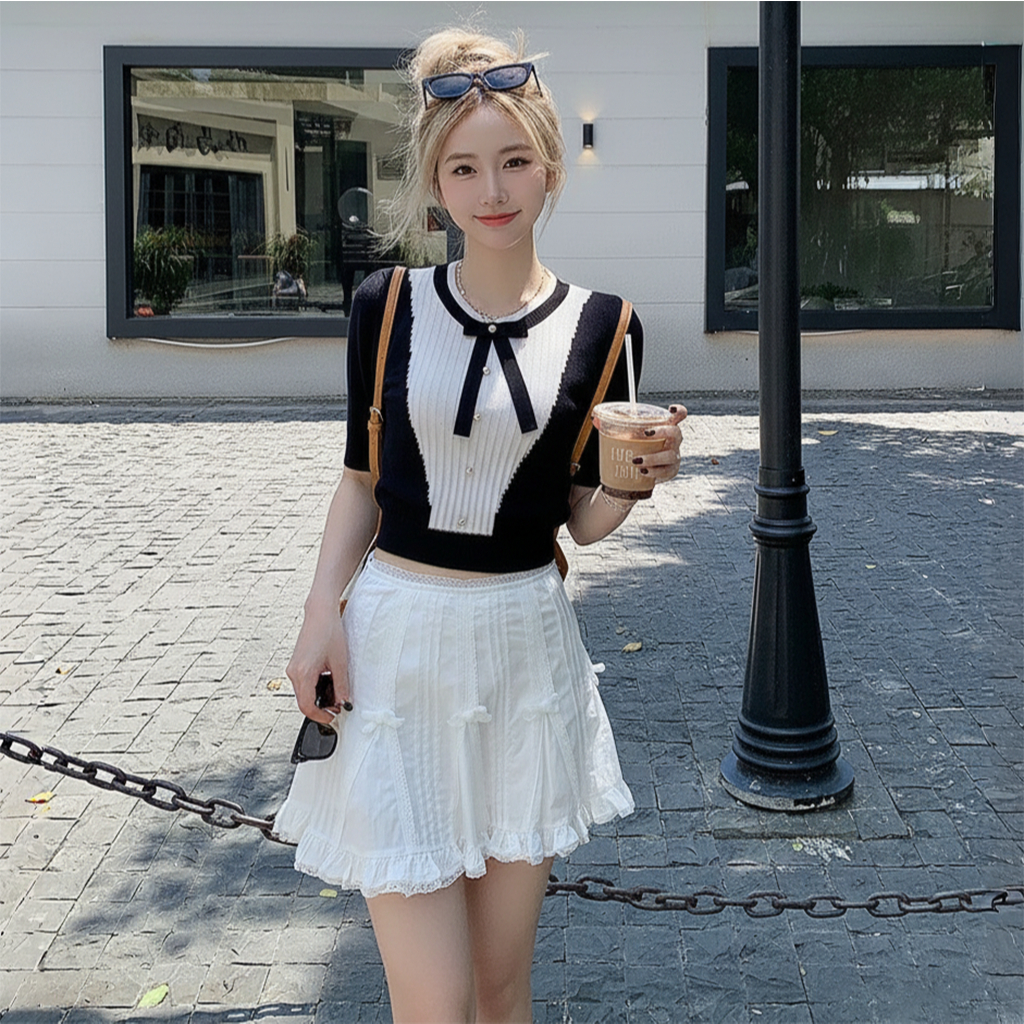 Chân Váy Xếp Ly Đính Nơ DaaLaa Store Kiểu Viền Ren Xinh Xắn C081