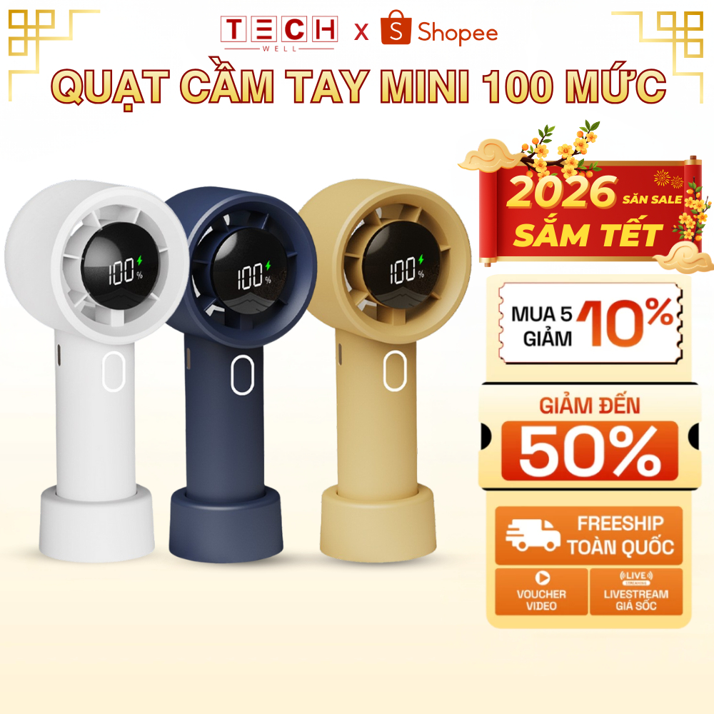 Quạt Cầm Tay Mini Làm Mát Nhanh, Màn Hình LCD Hiển Thị Tốc Độ Gió, Làm Mát Lên Đến 6H