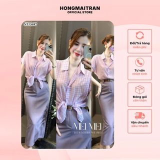  Set đồ nữ áo màu tím pastel áo sơ mi kẻ phối chân váy dáng dài ôm dáng trẻ trung hàng hot trend Hong Mai Tran ST13687 