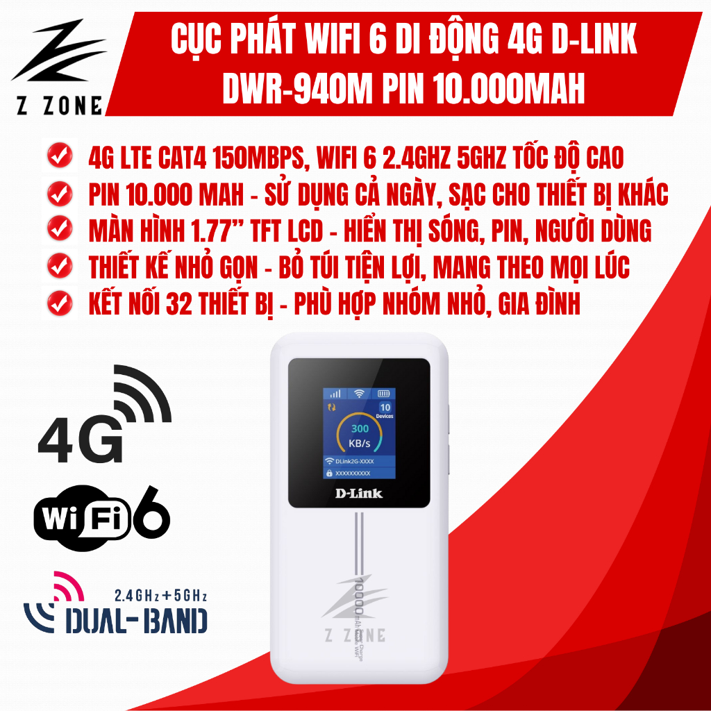 Bộ Phát WiFi 4G Di Động D-Link DWR-940M WiFi 6, Pin 10000mAh, Hỗ Trợ Sạc Thiết Bị Khác
