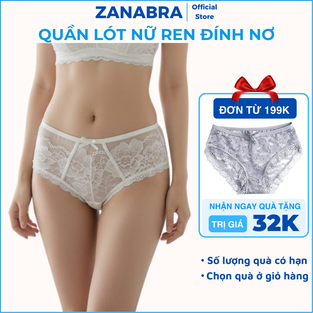 Quần Lót Nữ Ren Đính Nơ - Quần Chip Cạp Vừa Kháng Khuẩn Thoáng Khí ZANABRA L8809