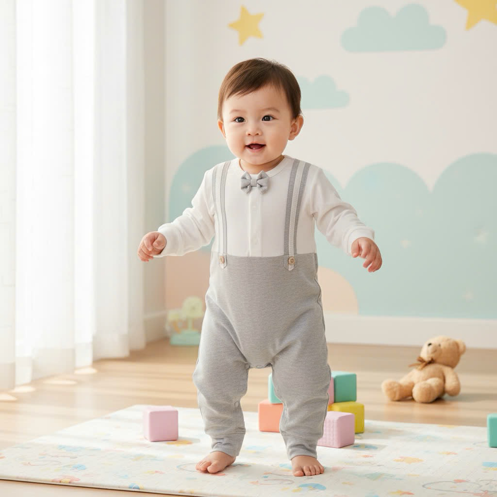 Bộ body vest Mr.Henry Honee cài giữa cho bé trai 3–9M, vải Modal mềm mịn, thoáng mát, kèm nơ lịch lã