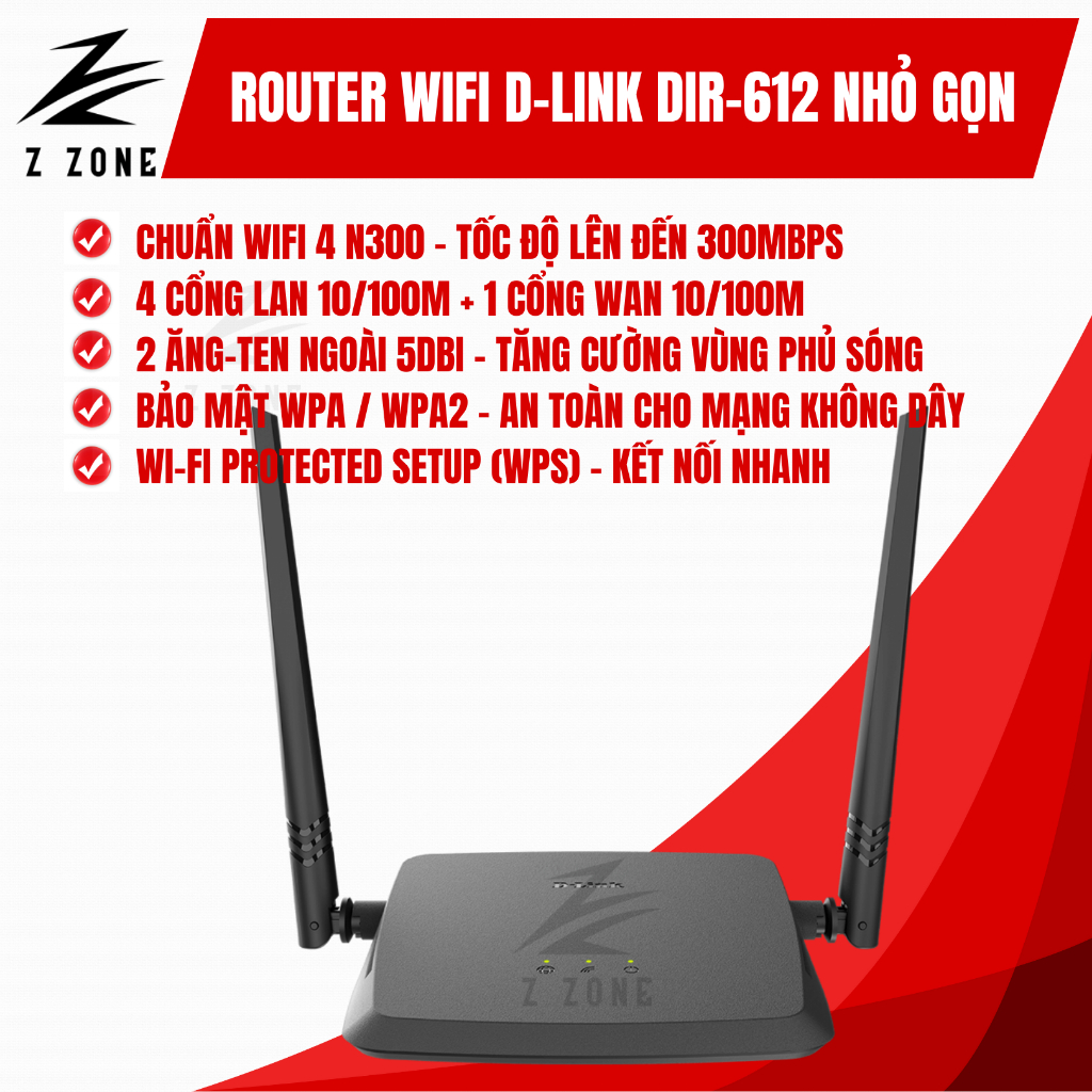 Bộ Phát WiFi Router D-Link DIR-612 N300, Router Phổ Thông, Dễ Cài Đặt, 300Mbps