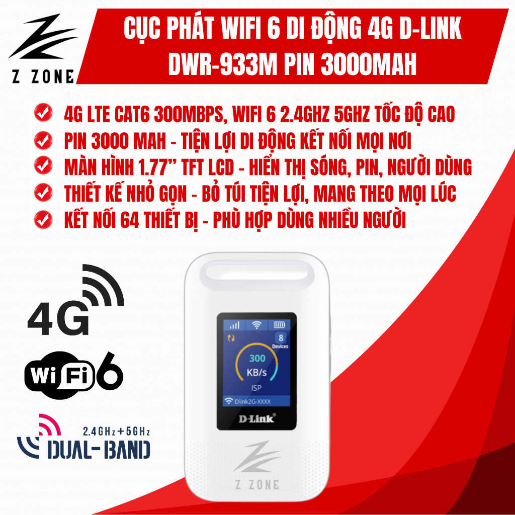 Bộ Phát WiFi 6 4G Di Động D-Link DWR-933M WiFi 6, Pin 3000mAh, Cat 6 300Mbps, Màn Hình LCD 1.77 Inch