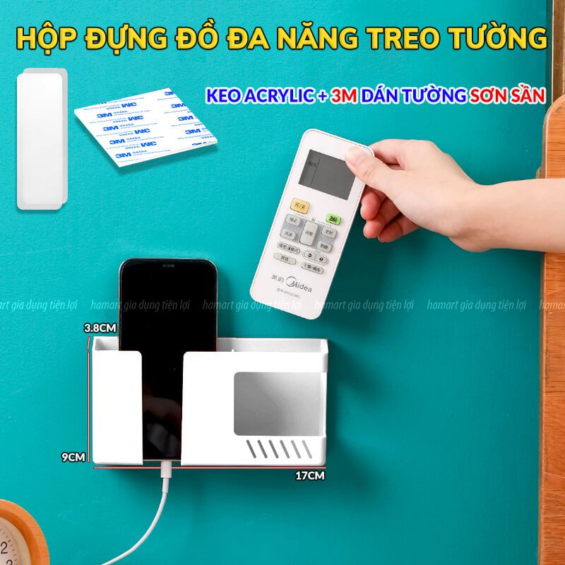 Hộp Đựng Điện Thoại Treo Tường Để Điều Khiển Remote 2 Ngăn Chứa Đa Năng Keo Dán 3M Siêu Dính
