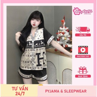  Đồ ngủ dễ thương tiểu thư,pijama lụa cổ V,đồ bộ nữ đồ mặc nhà quần đùi mát họa tiết đáng yêu  200  