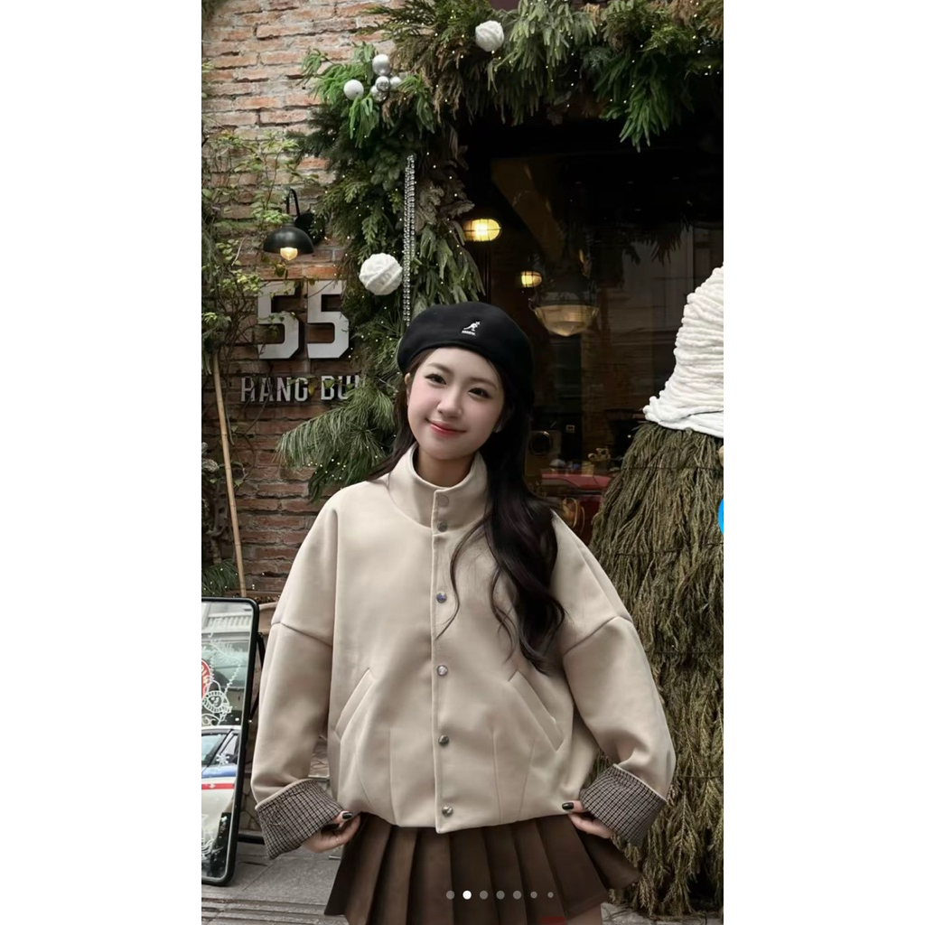 Áo khoác dạ cúc bấm cổ cao phối tay kẻ caro Nữ the.sweaterweather TSW | BigBuy360 - bigbuy360.vn