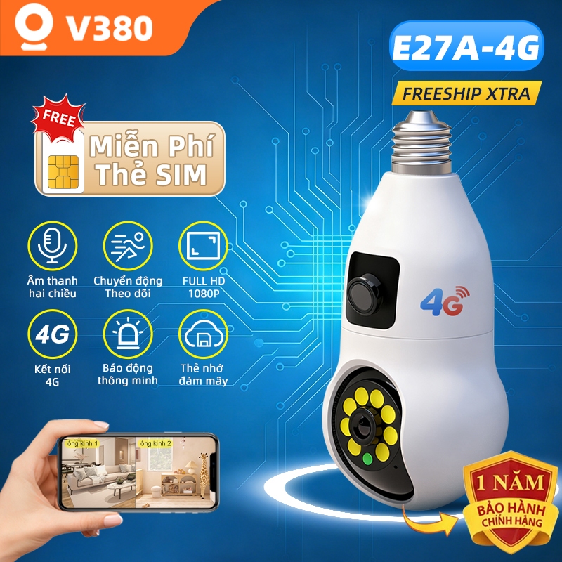 V380 Camera bóng đèn 4G E27A-4G| 2 mắt nhìn bàn đêm xem rõ nét| xoay 360 độ| đàm thoại 2 chiều 1080P