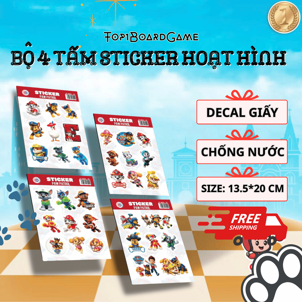 Combo 4 Sticker Paw Patrol Hoạt Hình | Phụ Kiện Trang Trí Vở & Hộp Bút Đề Can Bóng Dán Sổ Tay, Lapto