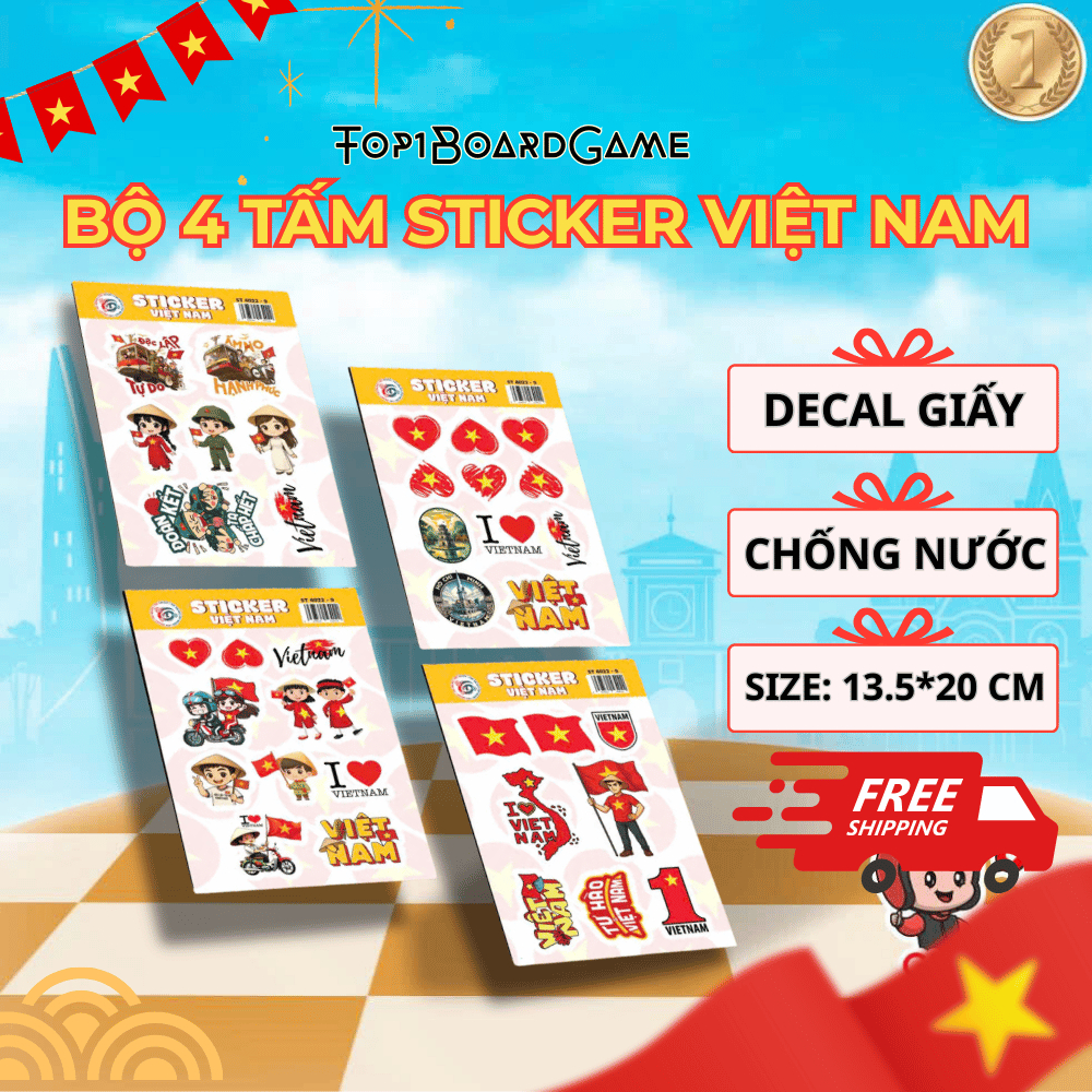 Bộ 4 Sticker Việt Nam Trend | Decal Dán Laptop, Sổ Tay, Mũ Bảo Hiểm Sticker Việt Nam