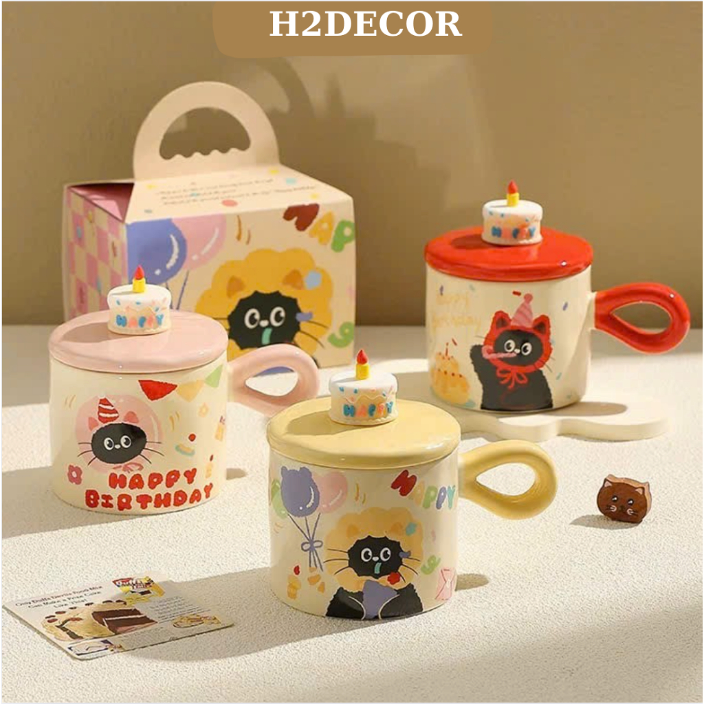 Set cốc mèo đáng yêu — cốc sứ có nắp, kèm hộp quà - H2decor