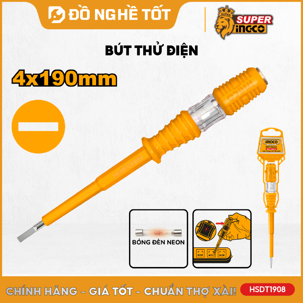 Bút thử điện INGCO HSDT1908, dài 19cm, kiểm tra điện áp AC100-500V