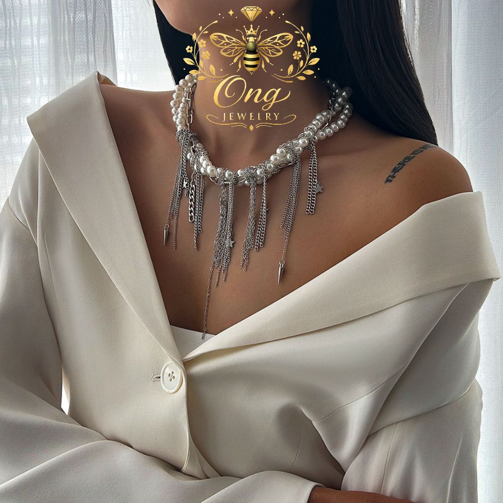Vòng Cổ Ong Jewelry Pearl & Chain Tassel - Dây Chuyền Ngọc Trai Phối Tua Rua Đa Tầng Cá Tính, Phụ Ki