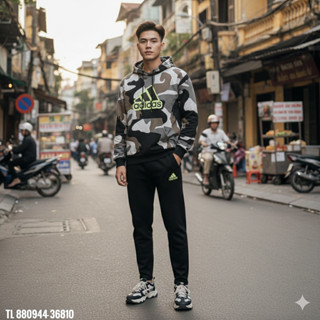  Bộ quần áo nỉ dài tay thể thao nam A Đát hoạ tiết rằn ri ngực in sọc 3 cao cấp 