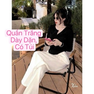 [Dưới 54kg] Set đồ nữ Quần Trắng Dày Dặn lưng thun sau, có túi + áo cổ u tay dài vạt bầu phối nút