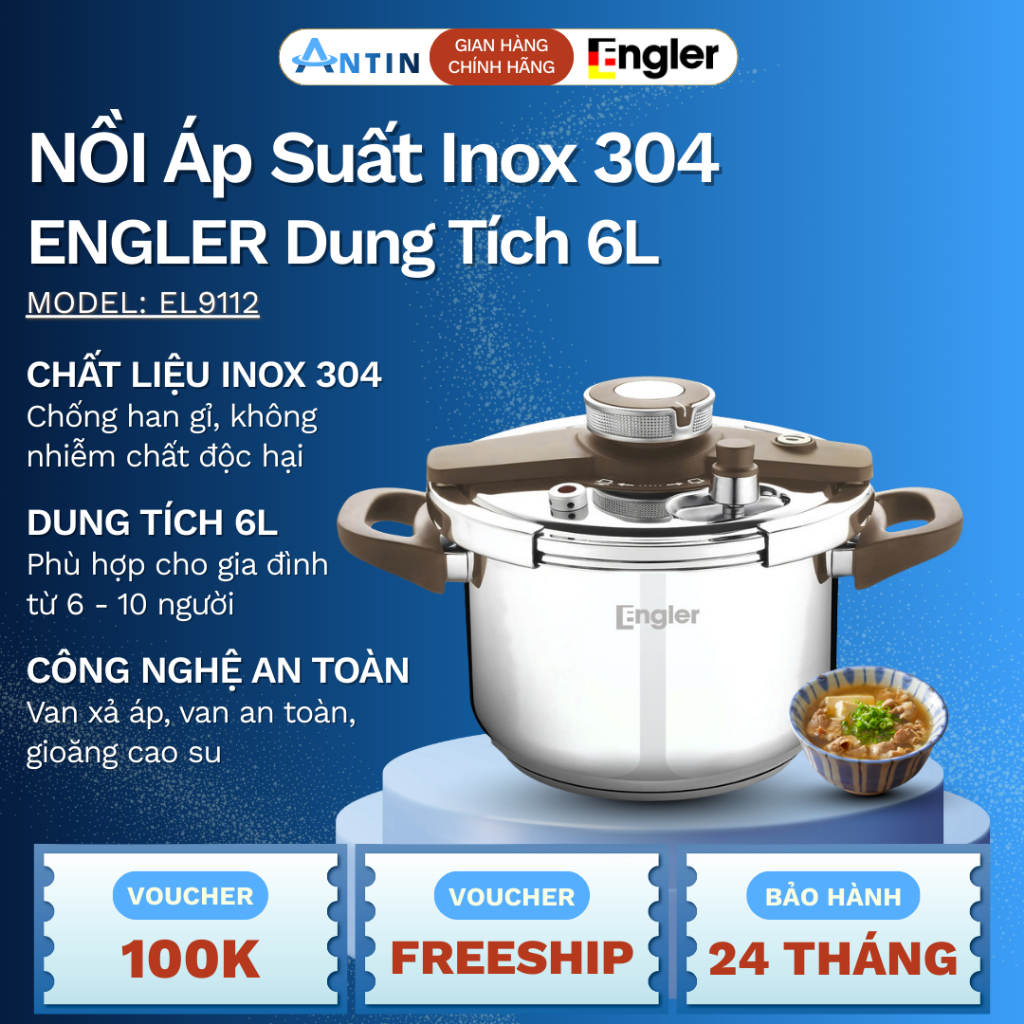 Nồi Áp Suất Inox Từ Engler EL9112, Nồi Áp Suất Inox 304 Dung Tích 6L Dùng Cho Mọi Loại Bếp - Bếp An 