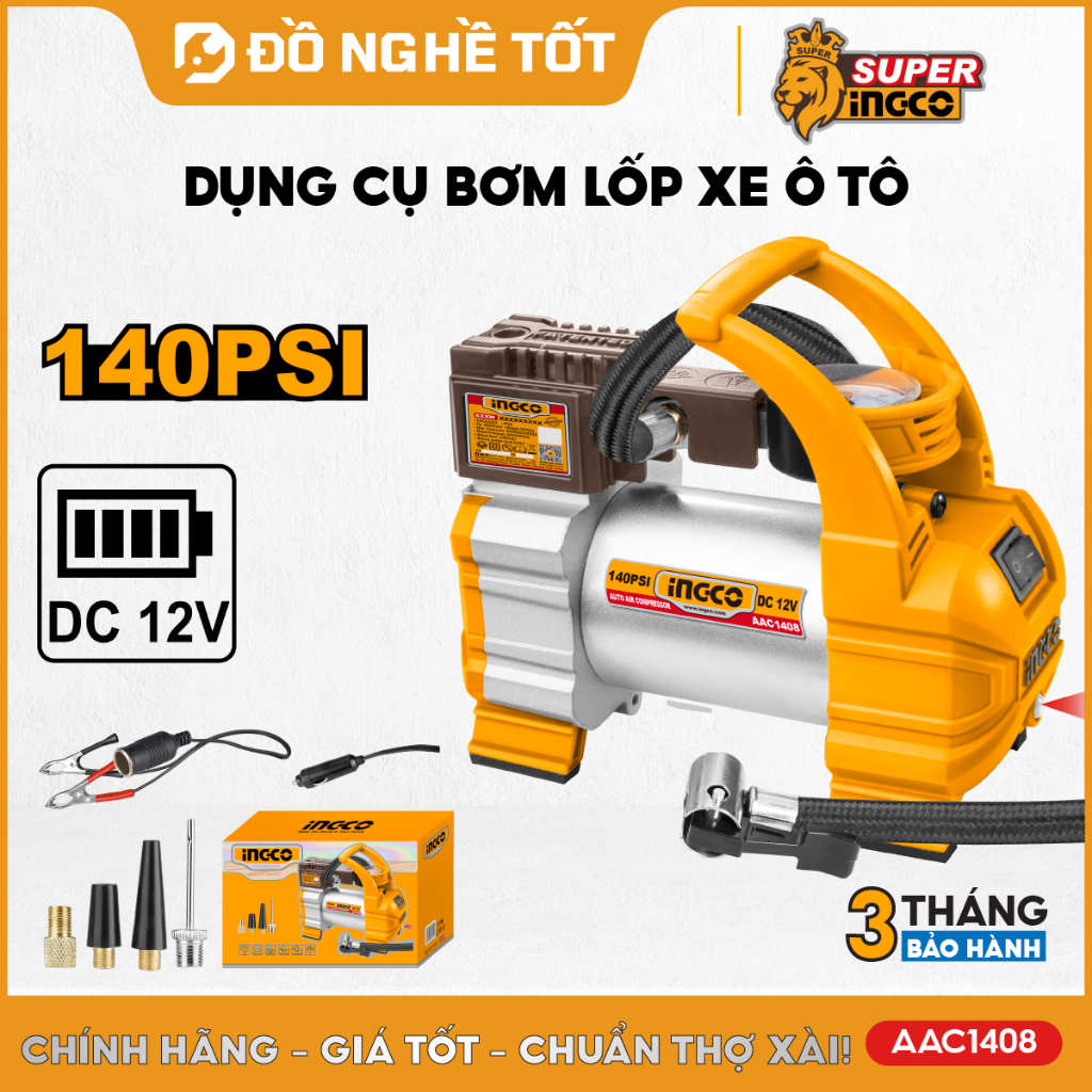 Máy bơm hơi ô tô mini INGCO có đồng hồ áp suất 140 PSI AAC1408 | 160 PSI AAC1601