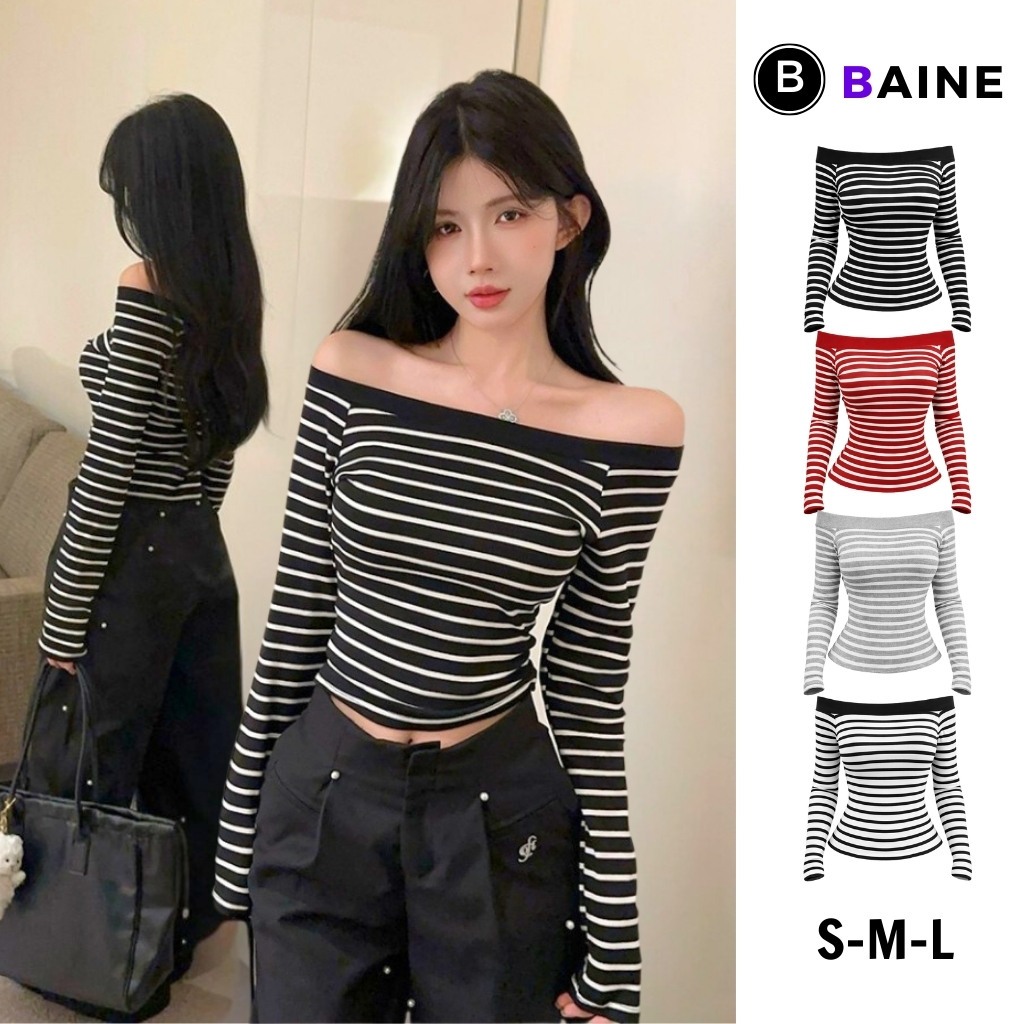[XẢ HÀNG] Áo Thun Tay Dài Trễ Vai Họa Tiết Sọc Ngang BM115, Thun Cotton Ôm Body Co Gãn 4 Chiều Baine