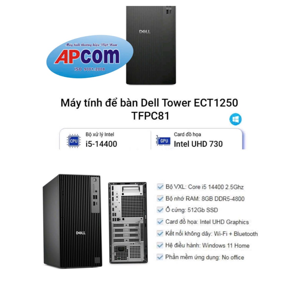 Máy tính để bàn PC Dell Tower ECT1250 TFPC81 (I5 14400/ 8GB/ 512GB SSD/ Wifi + BT/ Key/ Mouse/ Win11