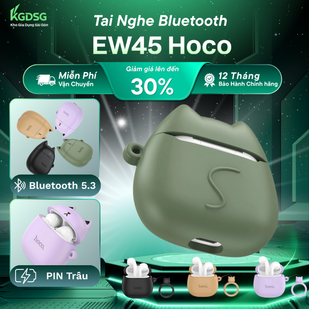 Tai Nghe Bluetooth EW45 Hoco Không Dây Có Mic Đàm Thoại, Nghe Nhạc 4H, Kèm Case Tai Mèo Cute (Đủ màu