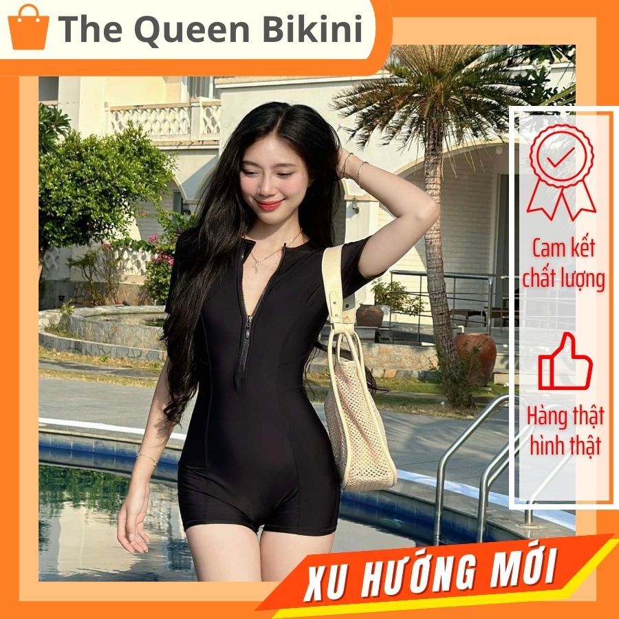 Bikini một mảnh đồ bơi nữ liền khóa kéo quần đùi màu đen tay ngắn & dài phối xám kín đáo The Queen 008 | BigBuy360 - bigbuy360.vn