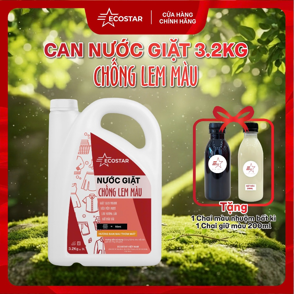Nước giặt quần áo 3.2kg tặng 1 chai màu nhuộm vải Ecostar 200ml, Nước giặt chống lem màu, Nước giặt 