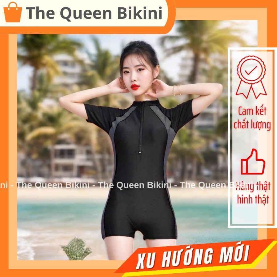 Bikini một mảnh đồ bơi nữ liền khóa kéo quần đùi màu đen tay ngắn & dài phối xám kín đáo The Queen 008 | BigBuy360 - bigbuy360.vn