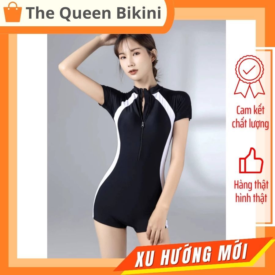 Bikini một mảnh đồ bơi nữ liền khóa kéo quần đùi màu đen tay ngắn & dài phối xám kín đáo The Queen 008 | BigBuy360 - bigbuy360.vn