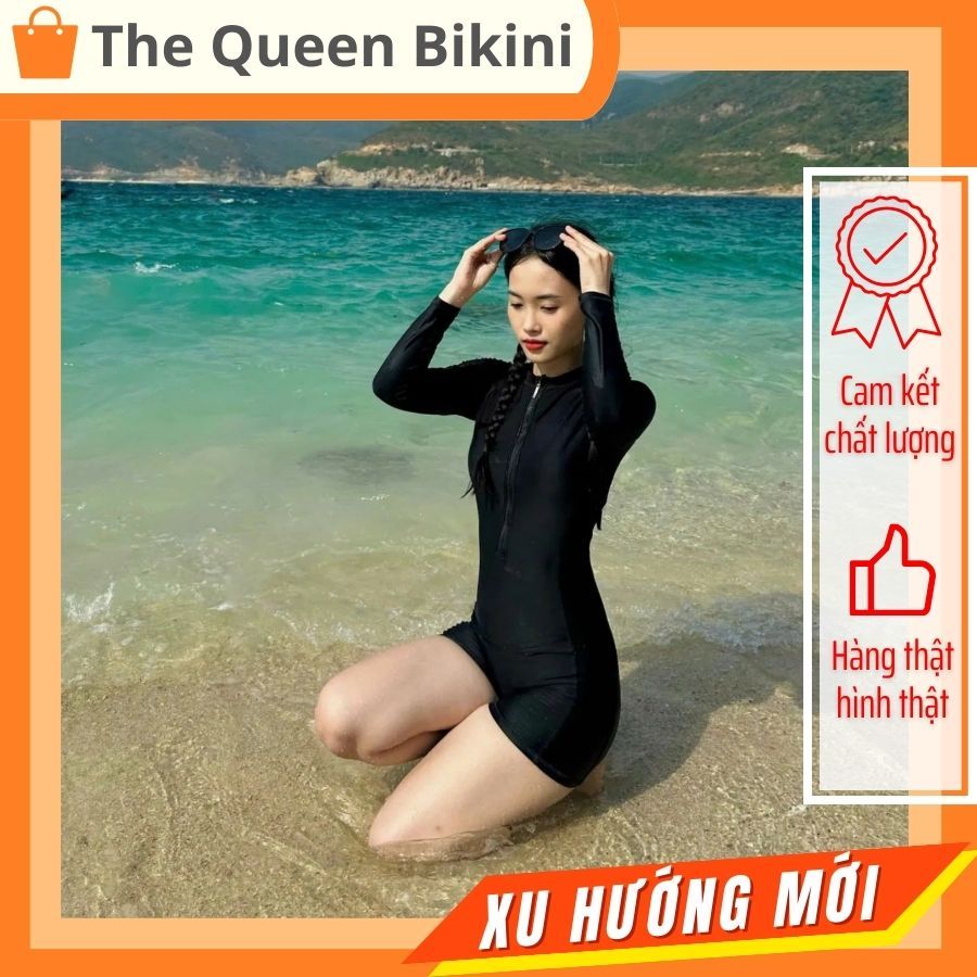Bikini một mảnh đồ bơi nữ liền khóa kéo quần đùi màu đen tay ngắn & dài phối xám kín đáo The Queen 008 | BigBuy360 - bigbuy360.vn