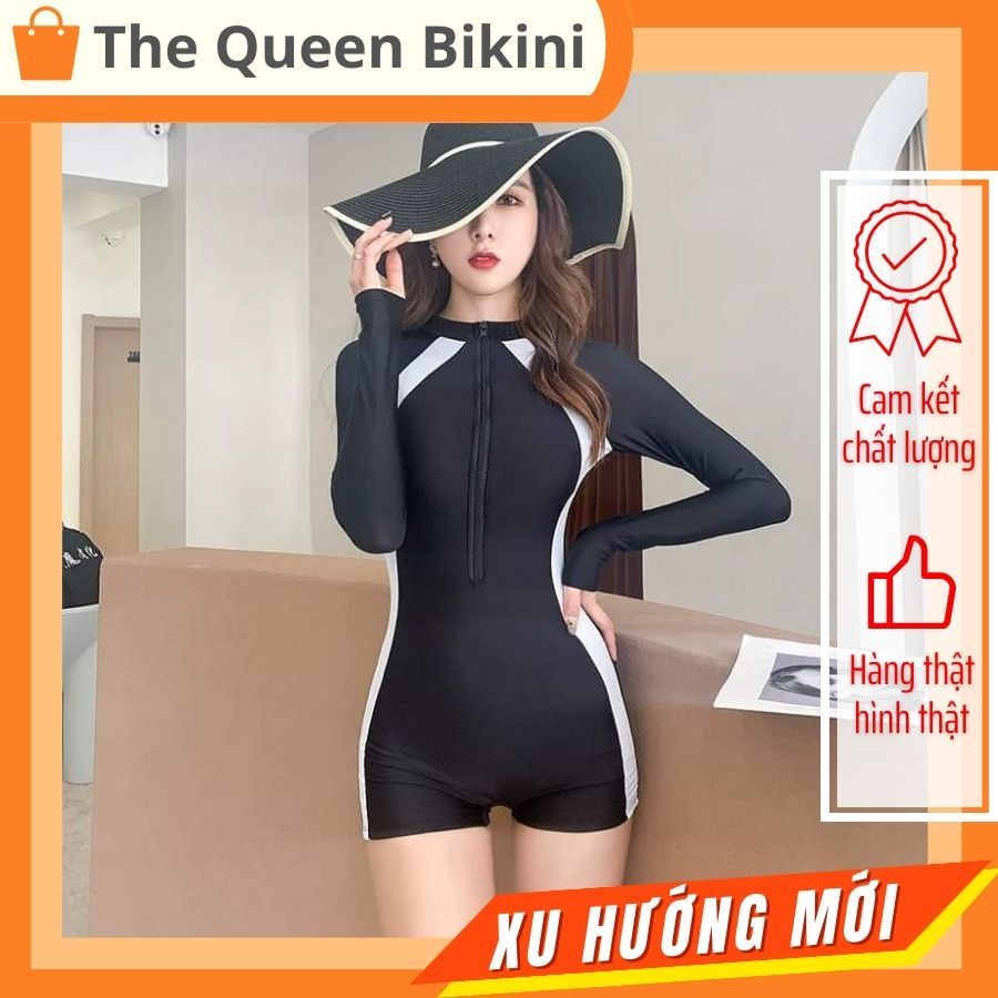 Bikini một mảnh đồ bơi nữ liền khóa kéo quần đùi màu đen tay ngắn & dài phối xám kín đáo The Queen 008 | BigBuy360 - bigbuy360.vn