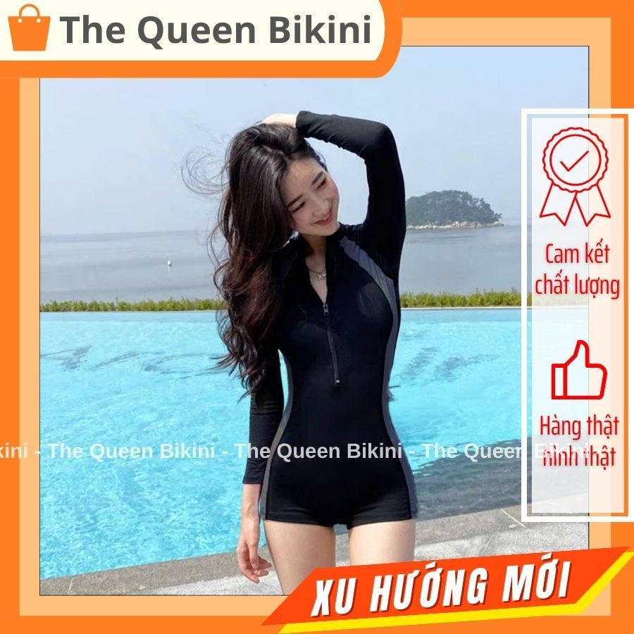 Bikini một mảnh đồ bơi nữ liền khóa kéo quần đùi màu đen tay ngắn & dài phối xám kín đáo The Queen 008 | BigBuy360 - bigbuy360.vn