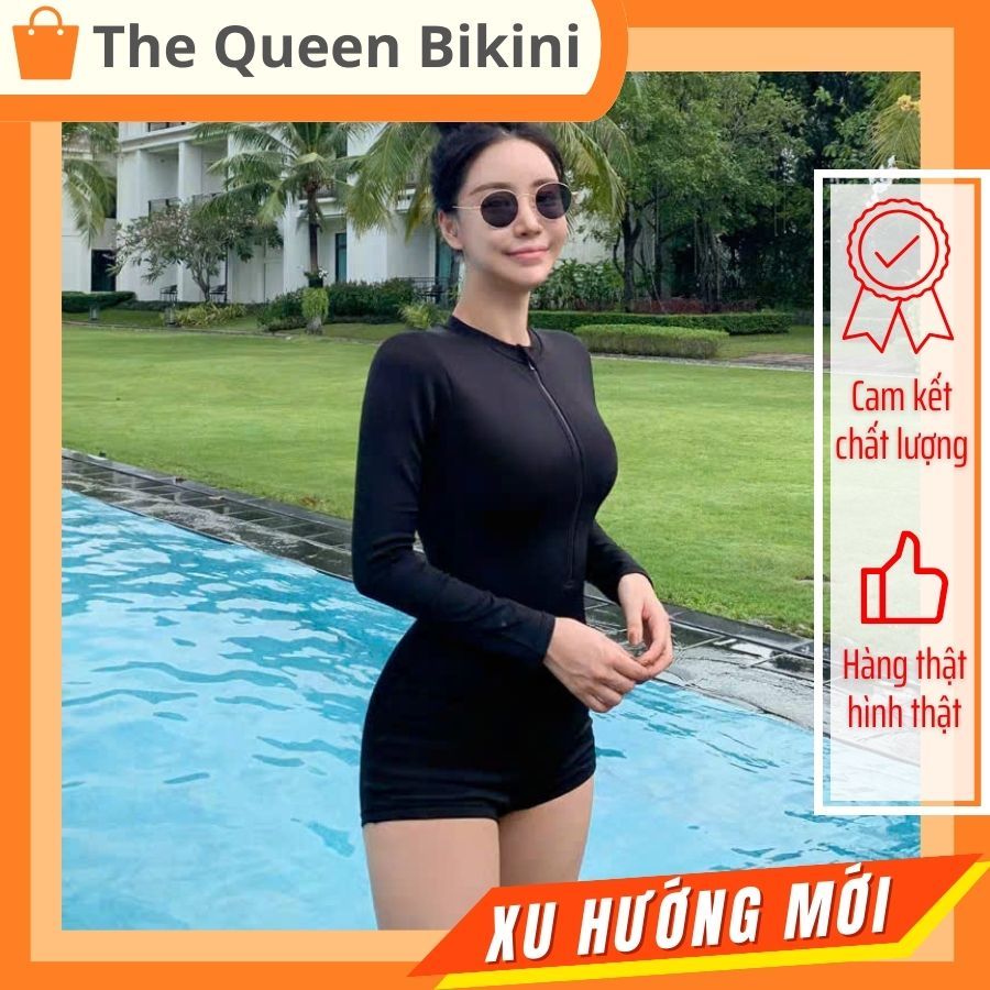Bikini một mảnh đồ bơi nữ liền khóa kéo quần đùi màu đen tay ngắn & dài phối xám kín đáo The Queen 008 | BigBuy360 - bigbuy360.vn