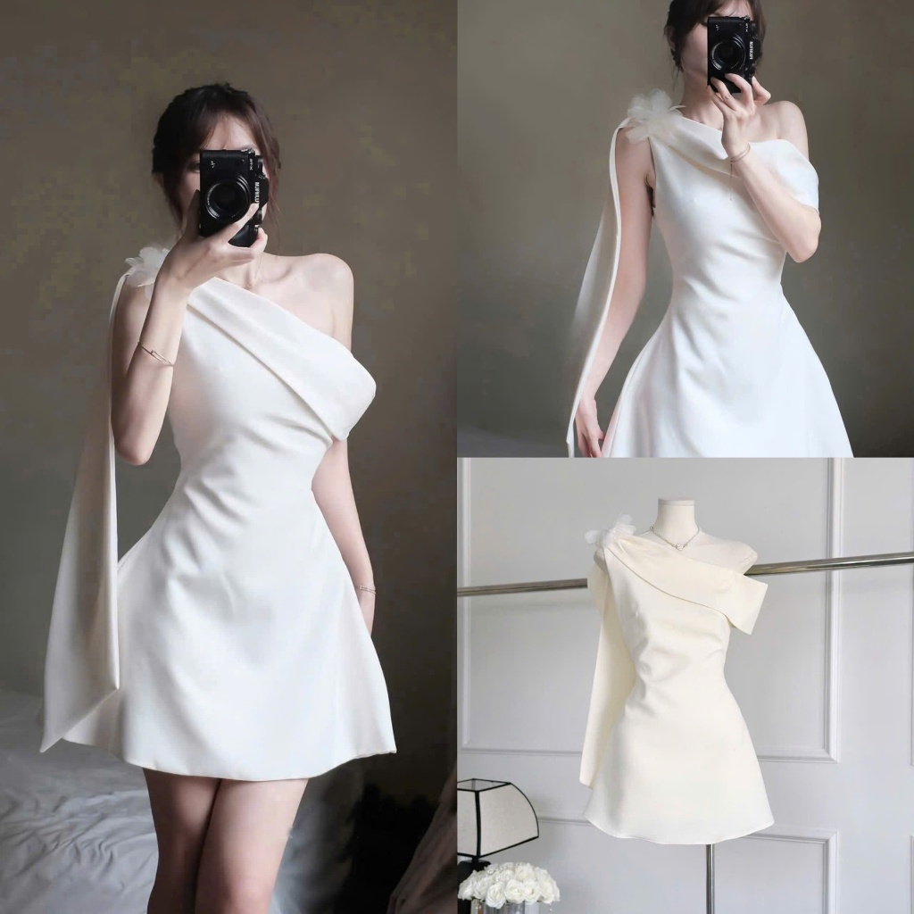 Váy đầm trễ vai lệch vai umi, váy đầm trắng cổ thuyền dự tiệc cưới tiểu thư sang chảnh dự tiệc cưới,