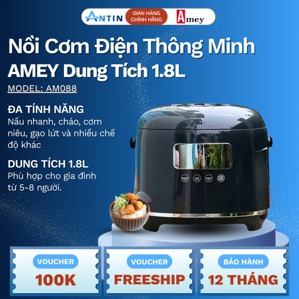 Nồi Cơm Điện Thông Minh AMEY AM088 Dung Tích 1.8L, Nồi Cơm Điện Inox 304 Chính Hãng Đa Chức Năng - B