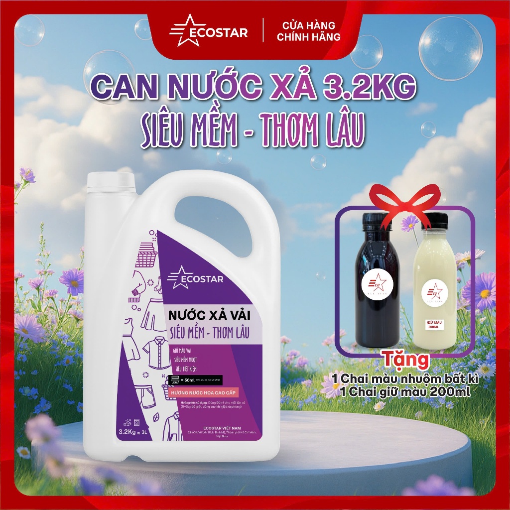 Nước xả vải quần áo 3.2kg tặng 1 chai màu nhuộm vải Ecostar 200ml, Nước xả vải mềm mượt, Chất giữ mà