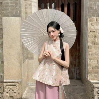  TUBYCATU | Áo Gấm Nữ Thục Vy Họa Tiết Hoa Nổi Cổ Tàu Đính Nút Form Yếm Sang Trọng 