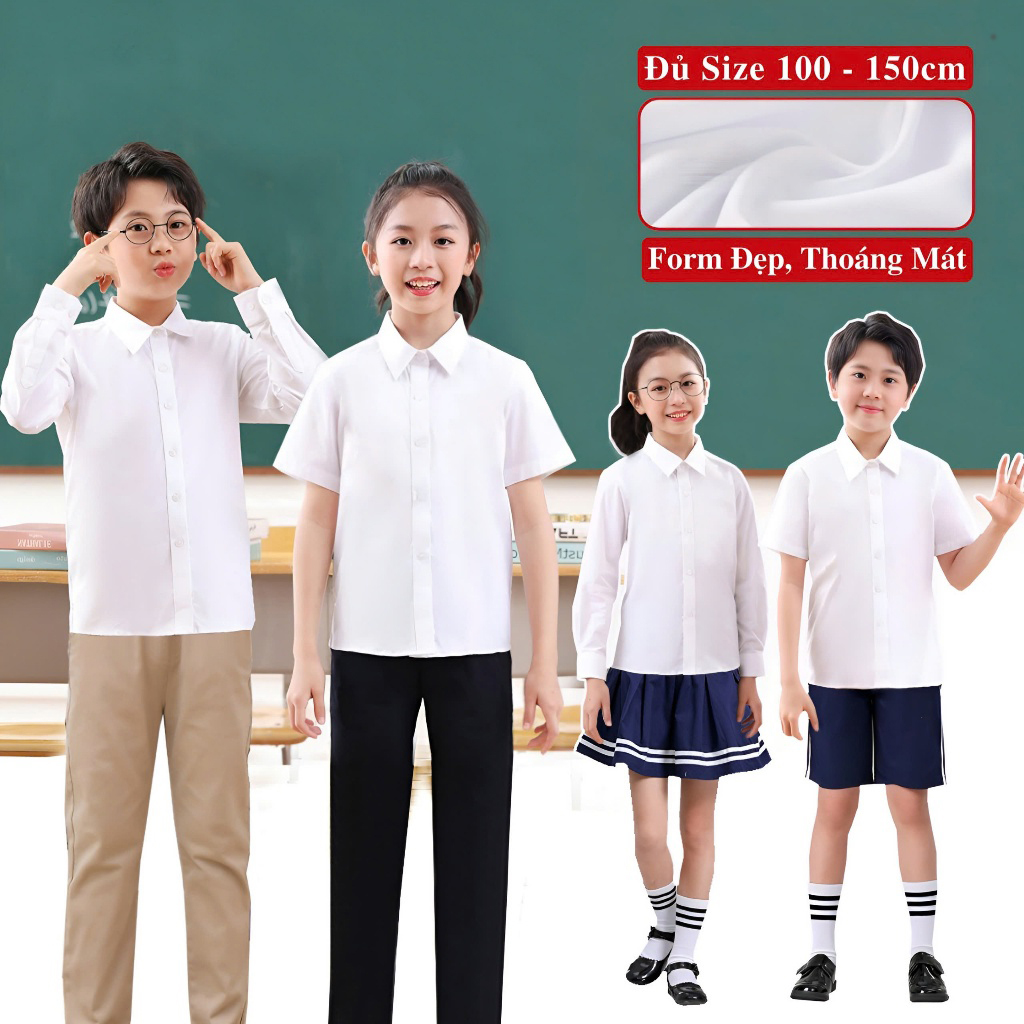 Áo Sơ Mi Trắng Học Sinh Đi Học Tay Dài Tay Ngắn Cho Bé Trai Bé Gái KooKoo Cấp 1 2 3, Sơ Mi Trắng Trẻ