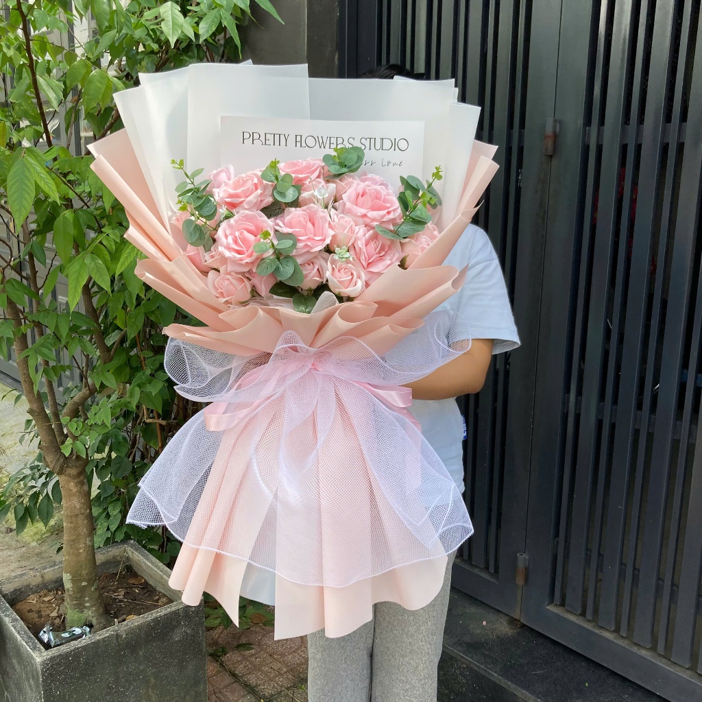 Bó Hoa Hồng Sáp Gói Dáng Dài Tặng Kèm Thiệp, Bó Hoa Tặng Sinh Nhật Bouquet Of Flowers (Artificial Fl