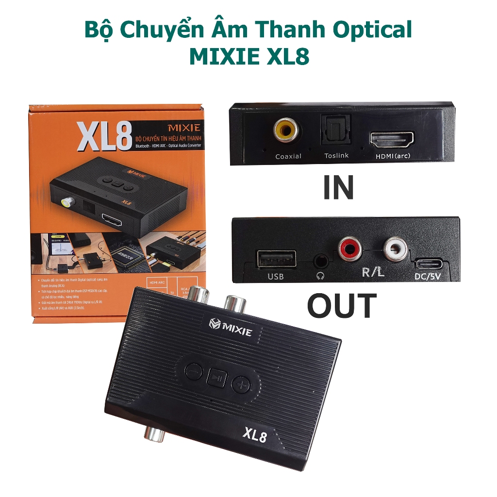 Bộ chuyển âm thanh MIXIE XL8 HDMI/Optical/Bluetooth To AV/RCA Cho TV, Amply (tặng dây quang, HDMI)