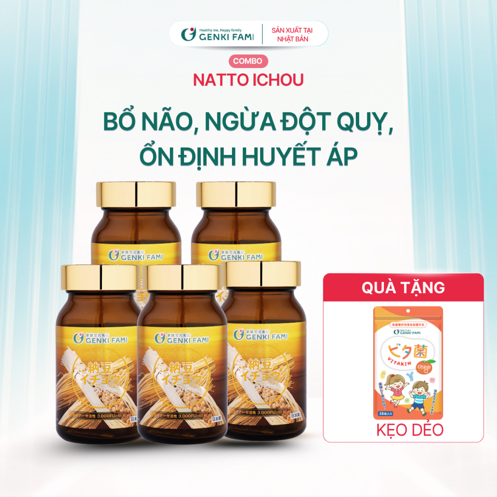 Combo Viên Uống Nattokinase 3000FU Phòng Ngừa Đột Quỵ, Bổ Não Natto Ichou Genki Fami Nhật Bản Hộp 90