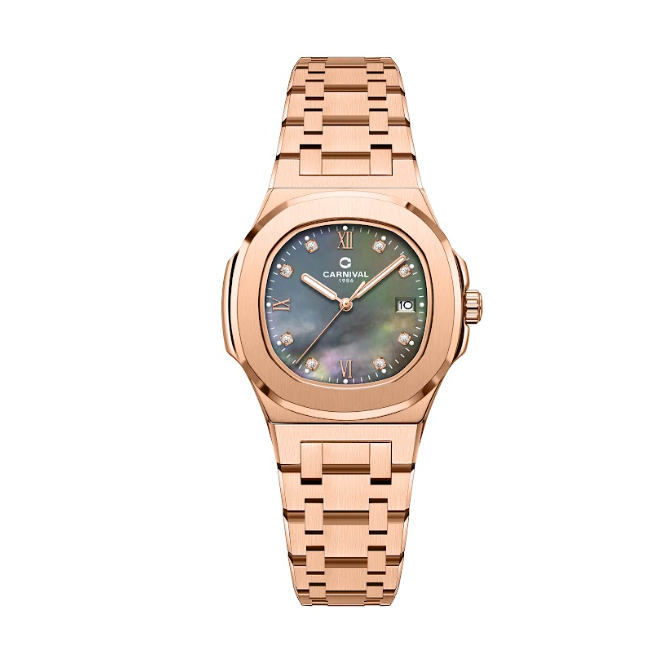 Đồng hồ nữ CARNIVAL 8160L-VH-ĐXC dây thép mặt đen xà cừ viền hồng - Mặt kính Sapphire 34mm