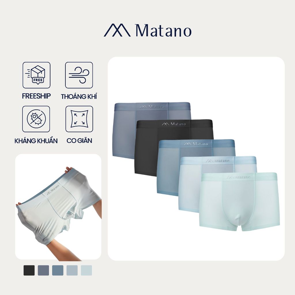 COMBO 5 Quần Boxer Nam Lụa Băng Trơn MATANO QL065 basic, co giãn, ôm, mềm mại, thoáng mát, kháng khu