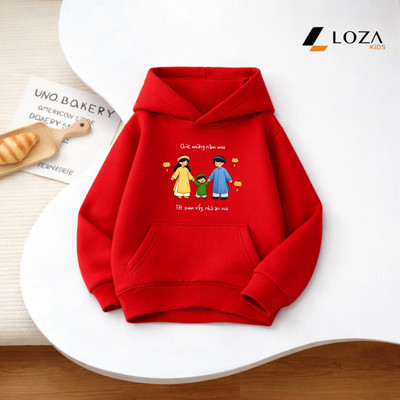 Áo nỉ hoodie cho bé" Tết sum vầy, nhà an vui " - Áo nỉ mũ trẻ em size từ 15-40kg  Loza Kids HN3518