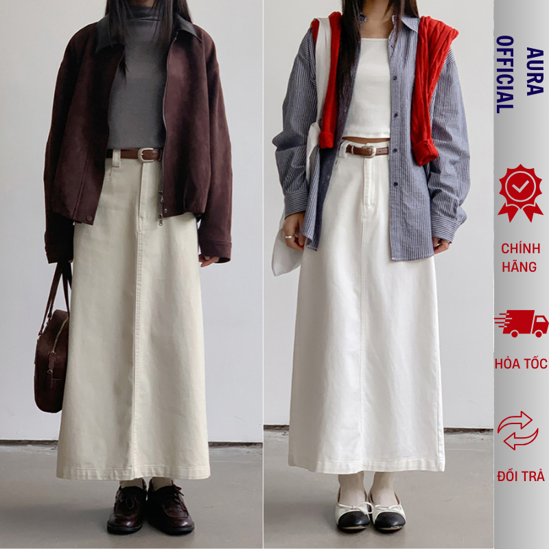 Chân Váy Jean Dài Dáng Chữ A AURA, Chân Váy Bò Maxi 90cm Màu Trắng Kem Chất Liệu Dày Dặn