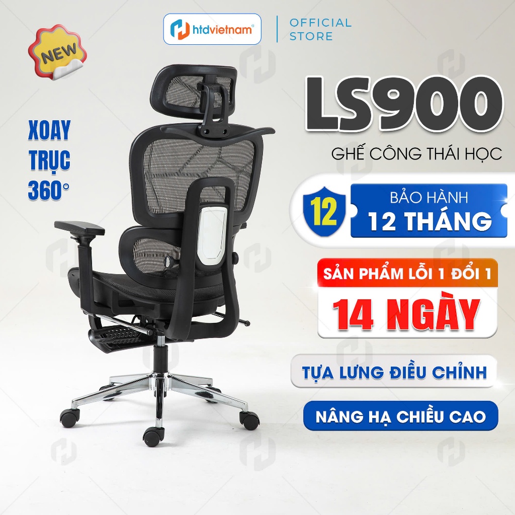 Ghế Công Thái Học LS900 Full Lưới Ngả Lưng Có Gác Chân | Ghế Ergonomic Cao Cấp Cho Dân Văn Phòng, Ga